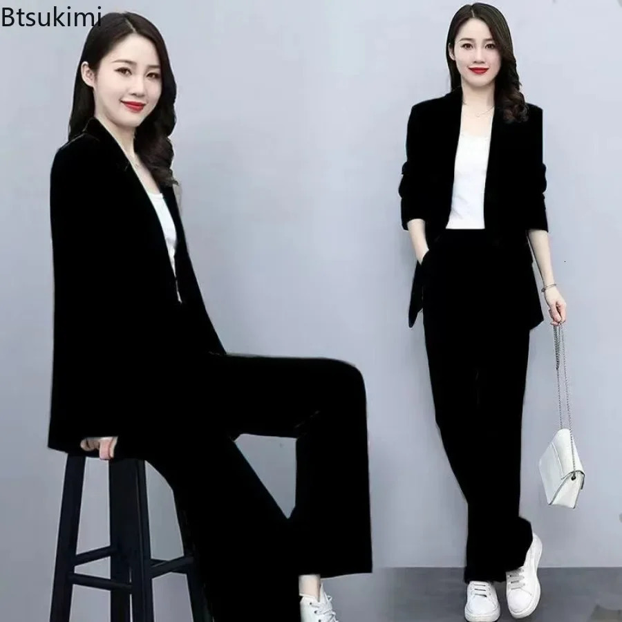 2024 Women's Formal Office Pants Sets 2PCS Solid Single Breasted Pocket Blazer Jacket and Elegant Ladies' Suit 231227