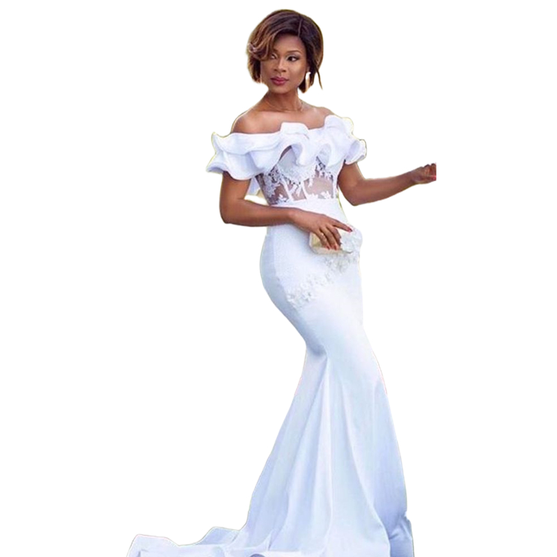 Elegant Ruffles Long Mermaid Evening Dresses Off The Shoulder Corset Illusion White Sexy Formal Party Gowns Lace Appliques 2024 Prom Dress
