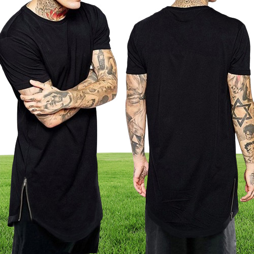 New Clothing Mens Black long t shirt Zipper Hip Hop longline extra long length tops tee tshirts for men tall tshirt