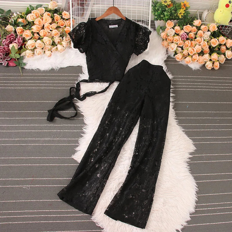 Women's VNeck Ruffled Lace Stitching Tie Waist Short Top and High Elastic Trousers Set Summer Fashion 2 Pcs 231227