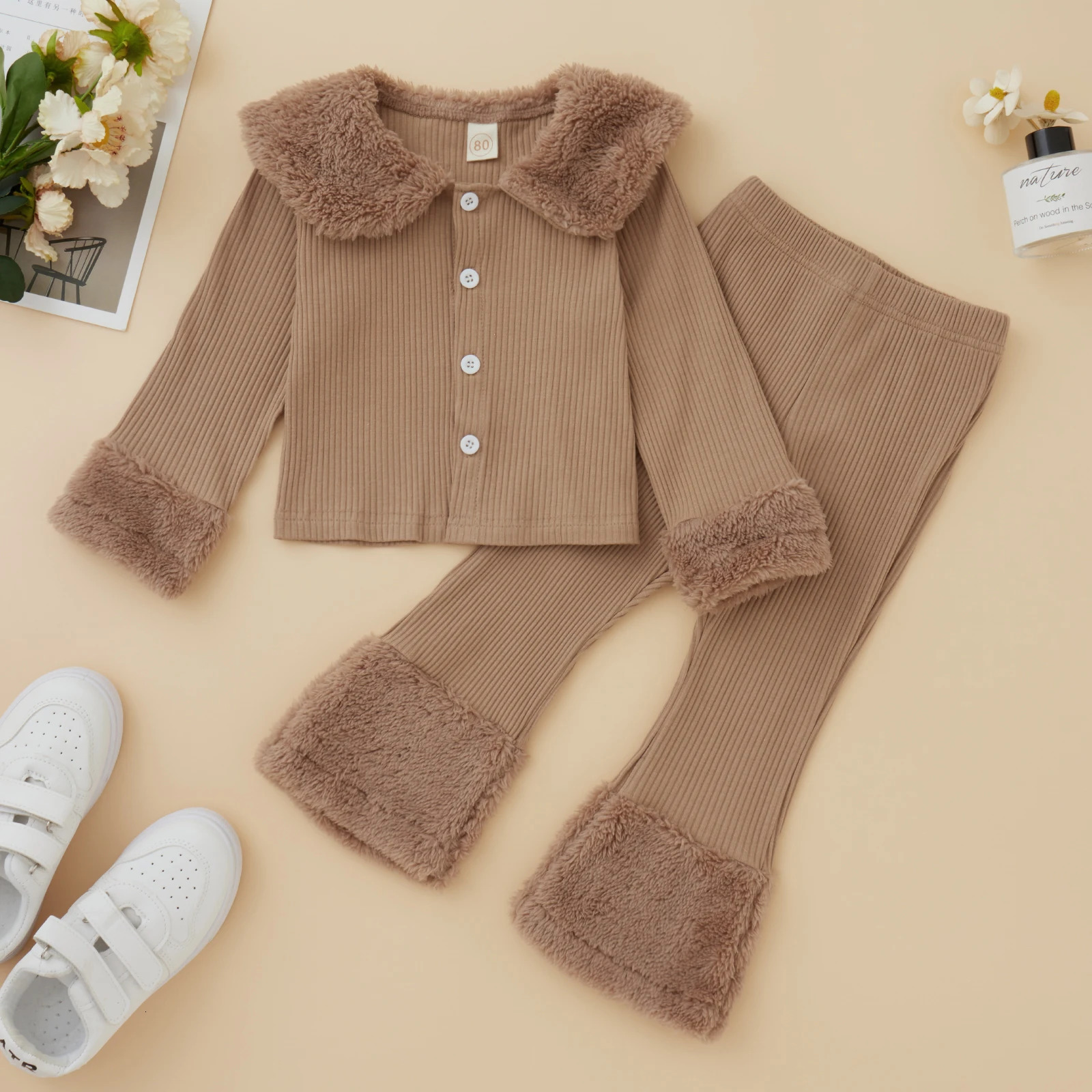 Toddler Baby Girls Knitted Tracksuits Casual Autumn Winter Lapel Button Long Sleeved Jacket Pants Children Plush Outwear Set 231228