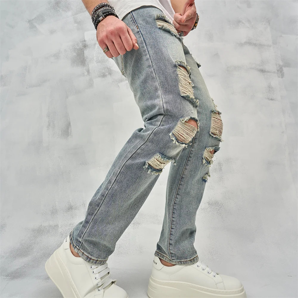Streetwear Men Simple Loose Ripped Straight Jeans Pants Stylish Male Holes Casual Denim Trousers 231227