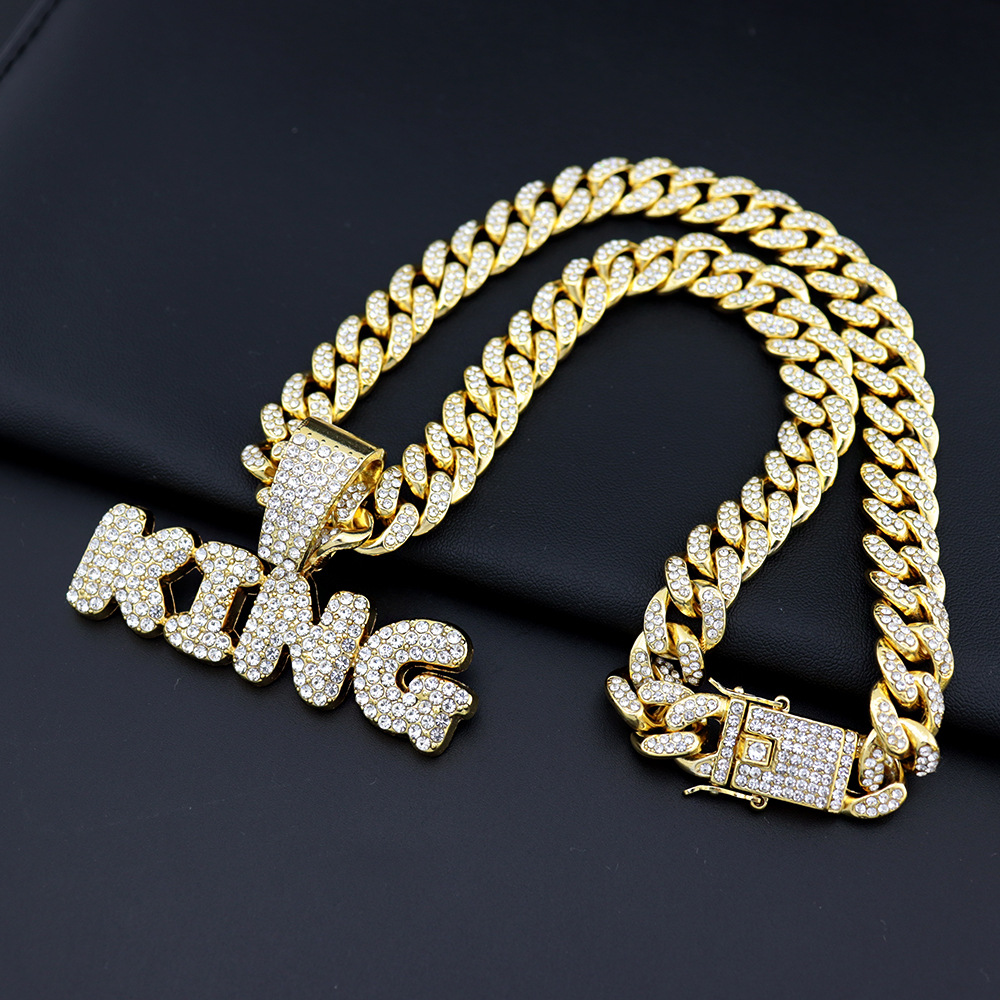 Pendant Necklaces Men Women Hip Hop KING Letter Iced Out Crystal Miami Cuban Link Stainless steel Fried Dough Twists Tennis Diamond Chain Choker Jewel
