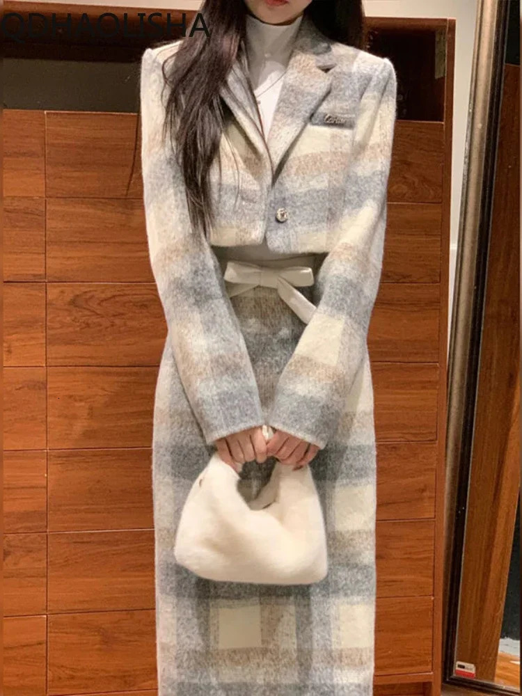 Sets for Women 2 Pieces Autumer Grey Plaid Woolen Lapel Collar Long Sleeve Half Skirt Set Elegant Sweet Temperament Casual Suit 231228