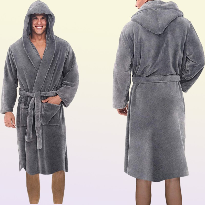 Mens Robes Men Casual Bathrobe Autumn Winter Solid Hooded Towel Soft Gown Midi Robe Nightgown Male Loose Home Wear 220826