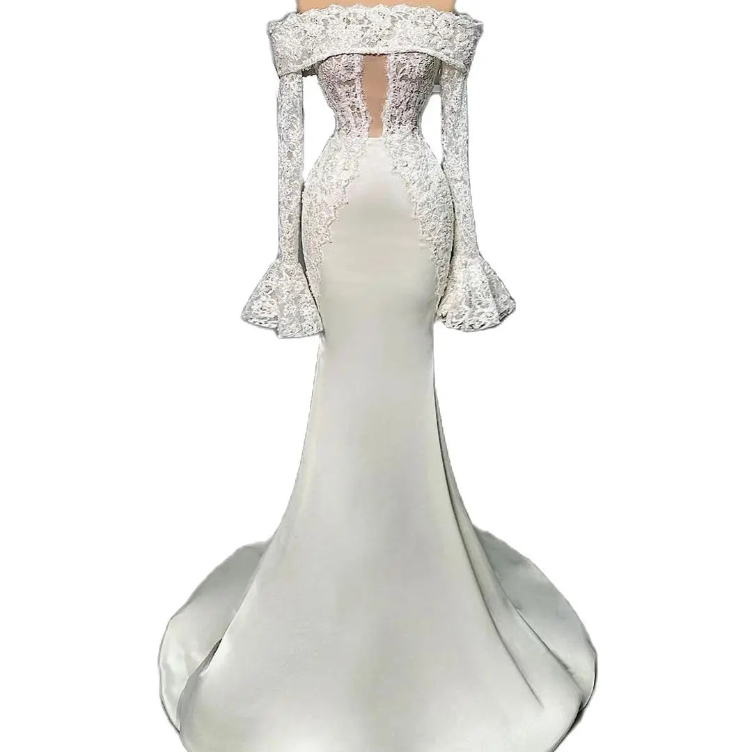 Simple Lace Mermaid Wedding Dress Elegant Off The Shoulder Full Sleeve Trumpet Bridal Gowns Robe De Soiree