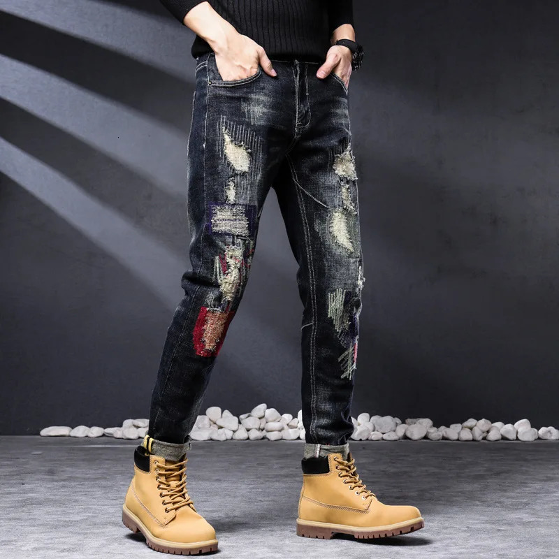 2023 Fashion Biker Jeans Men's Distressed Stretch Ripped Hip Hop Slim Fit Holes Punk Denim Cotton High Qual Pants 231227