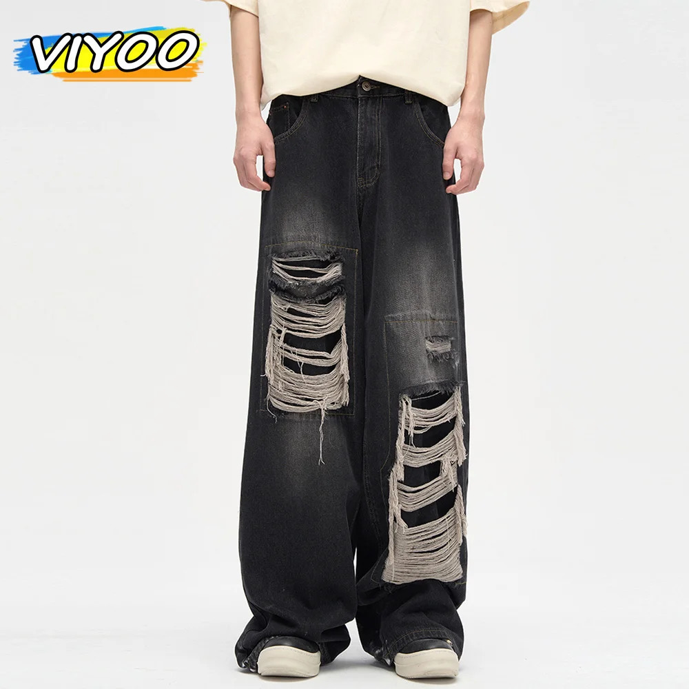 Men's Ripped Black Jeans Harajuku Wide Leg Pants Denim Baggy Y2K Cargo Streetwear Koean Style Clothes Gothic 231227