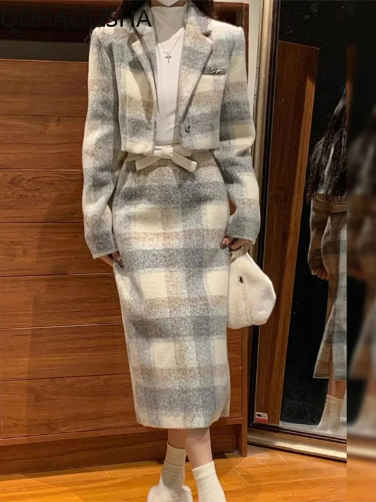 Sets for Women 2 Pieces Autumer Grey Plaid Woolen Lapel Collar Long Sleeve Half Skirt Set Elegant Sweet Temperament Casual Suit 231228