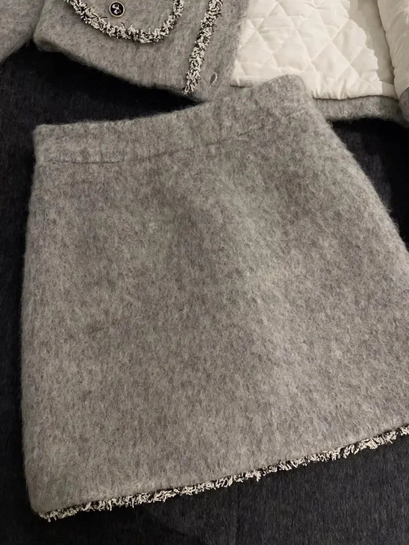 Thick Quilted Coats Blends Grey Wool Jacket Crop Top Winter Vintage Slim A Line Skirt s Two Peice Sets Bow Suit Y2k 231228