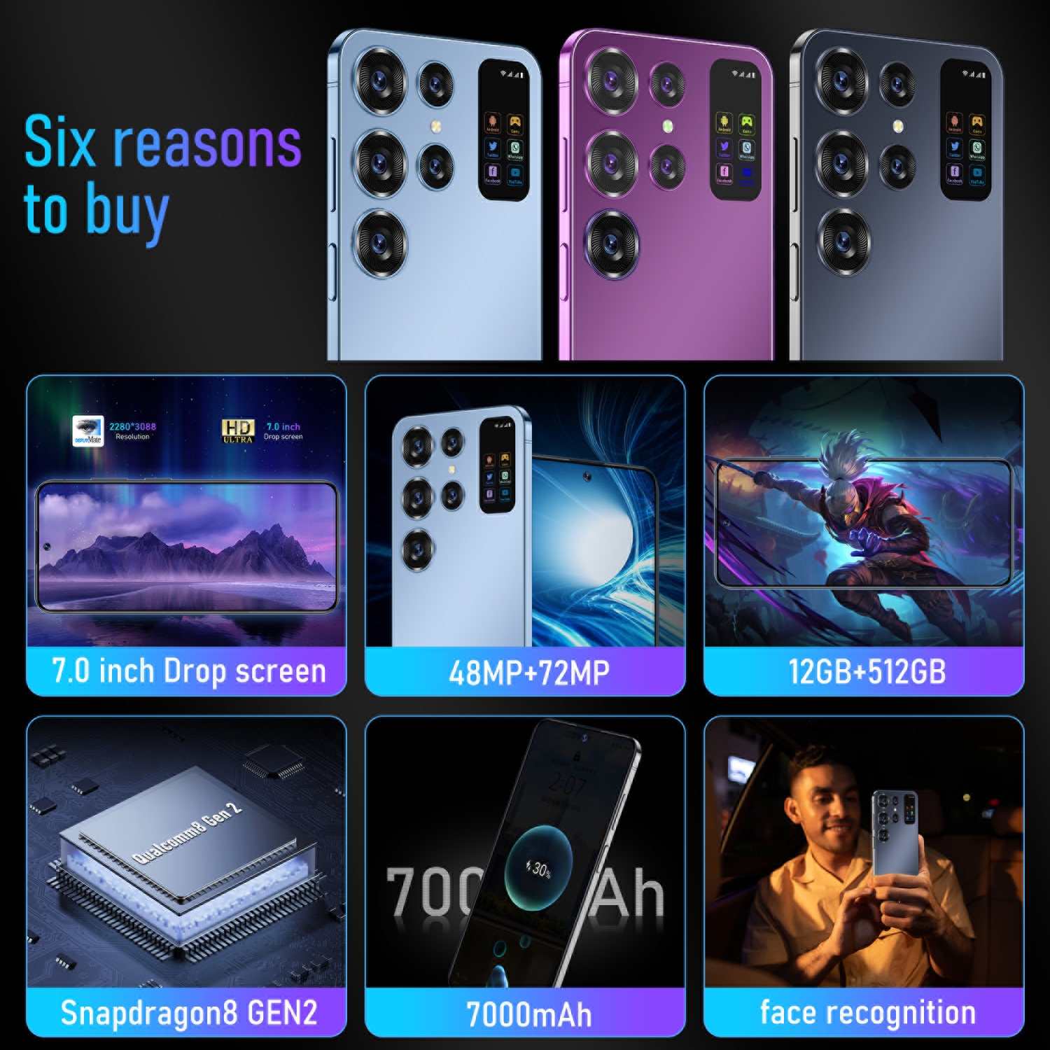 2024 Original S24 Ultra Smartphone Qualcomm 8 Gen 2 16GB+1TB 5G 4G 7000mAh Large Battery Android 13.0 Dual SIM 7.0 Inch Global Version of The Phone Ca