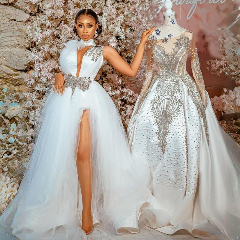 Country Wedding Dresses for Bride Halter Crystals Beaded Tulle Bridal Gowns for African Arabic Black Women Girls Tulle High Split Sexy Marriage Dress 
