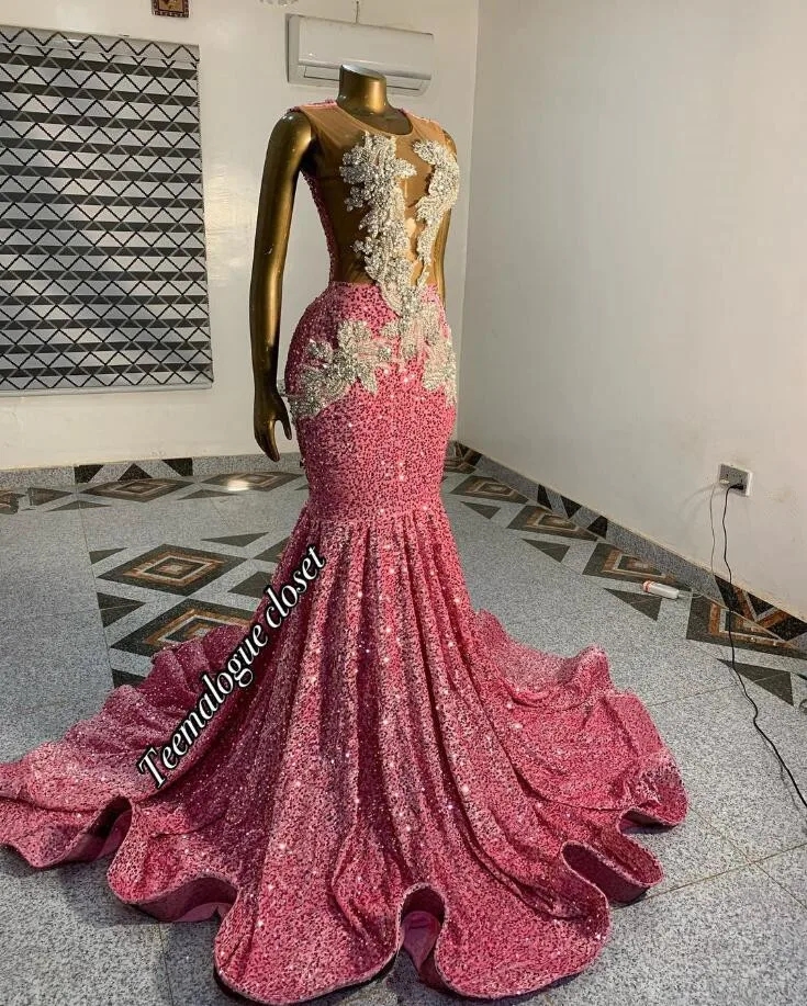 Pink Long Veet Evening Formal Dress For Women Sparkly Dia Beaded Sheer Mesh Black Girl Prom Gala Gown Lz0304