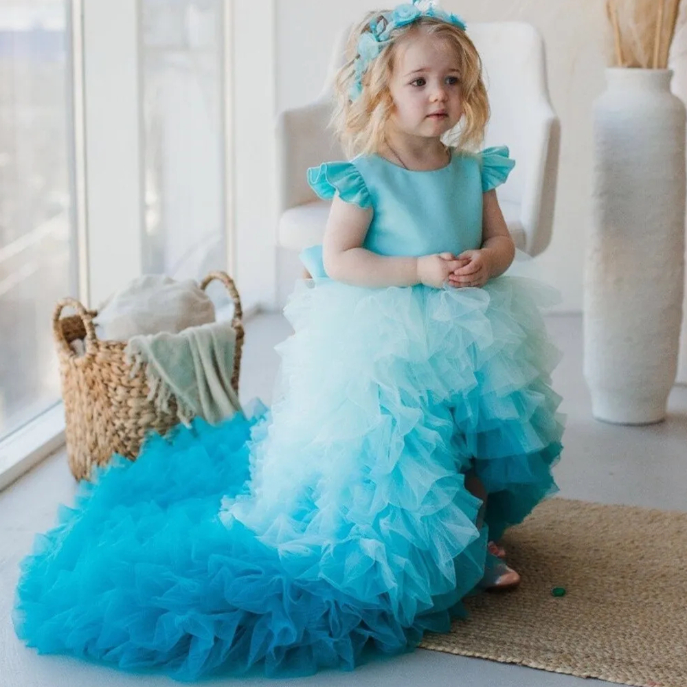 Gorgeous Tiered Sky Blue Girls Pageant Dress High Low Birthday Party Kids Formal Wear Ruffles Sleeve Jewel Neck Long Train Wedding Flower Girl Dresses