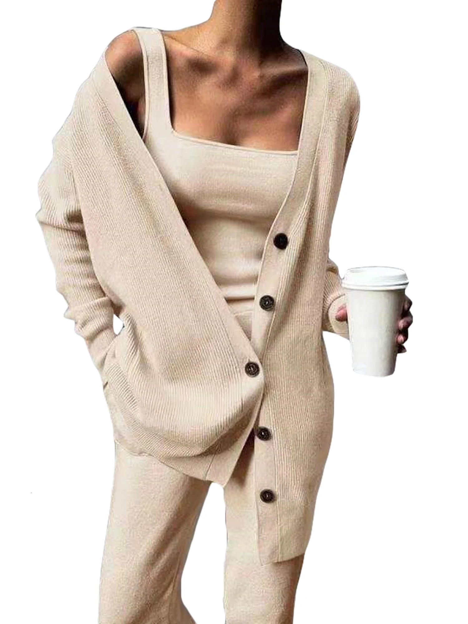 Scriardv Women Autumn Loose Three Piece Outfits Fitted Cami Tops Long Pants V Neck Button Cardigan Loungewear Sets Black M 231227