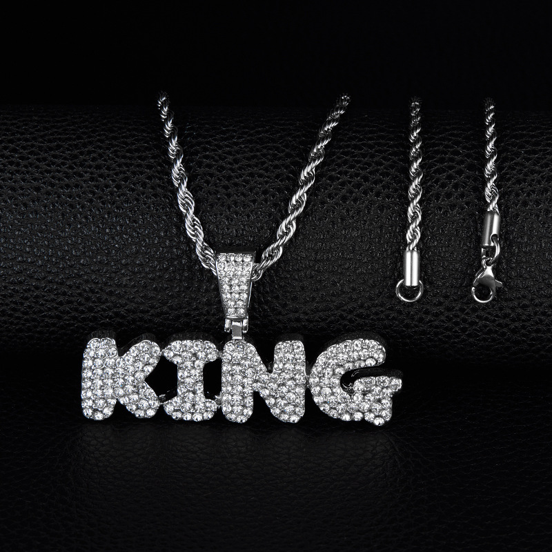 Pendant Necklaces Men Women Hip Hop KING Letter Iced Out Crystal Miami Cuban Link Stainless steel Fried Dough Twists Tennis Diamond Chain Choker Jewel
