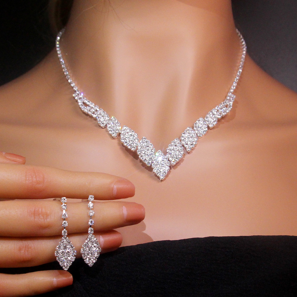Crystal Bridal Jewelry Set silver plated necklace earrings Wedding jewelry sets for bride Bridesmaids women Bridal Accessories