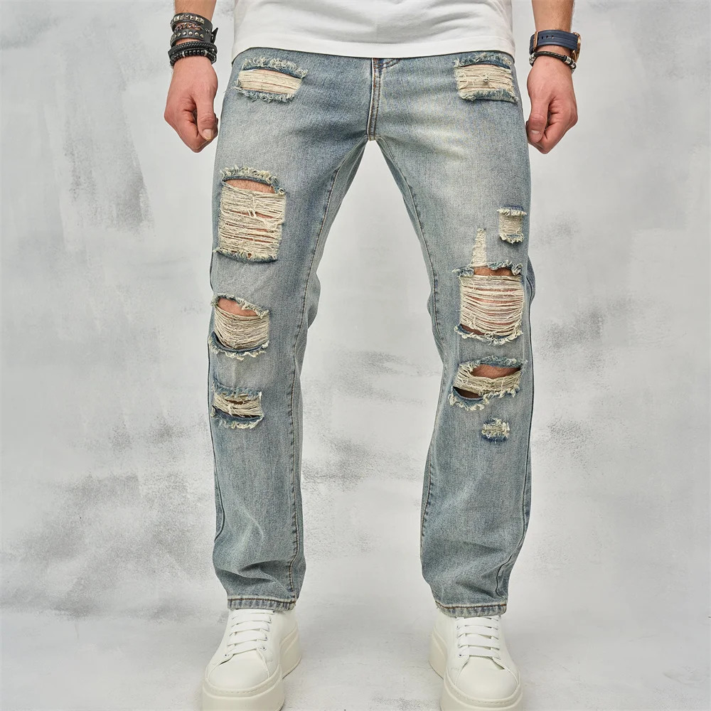 Streetwear Men Simple Loose Ripped Straight Jeans Pants Stylish Male Holes Casual Denim Trousers 231227