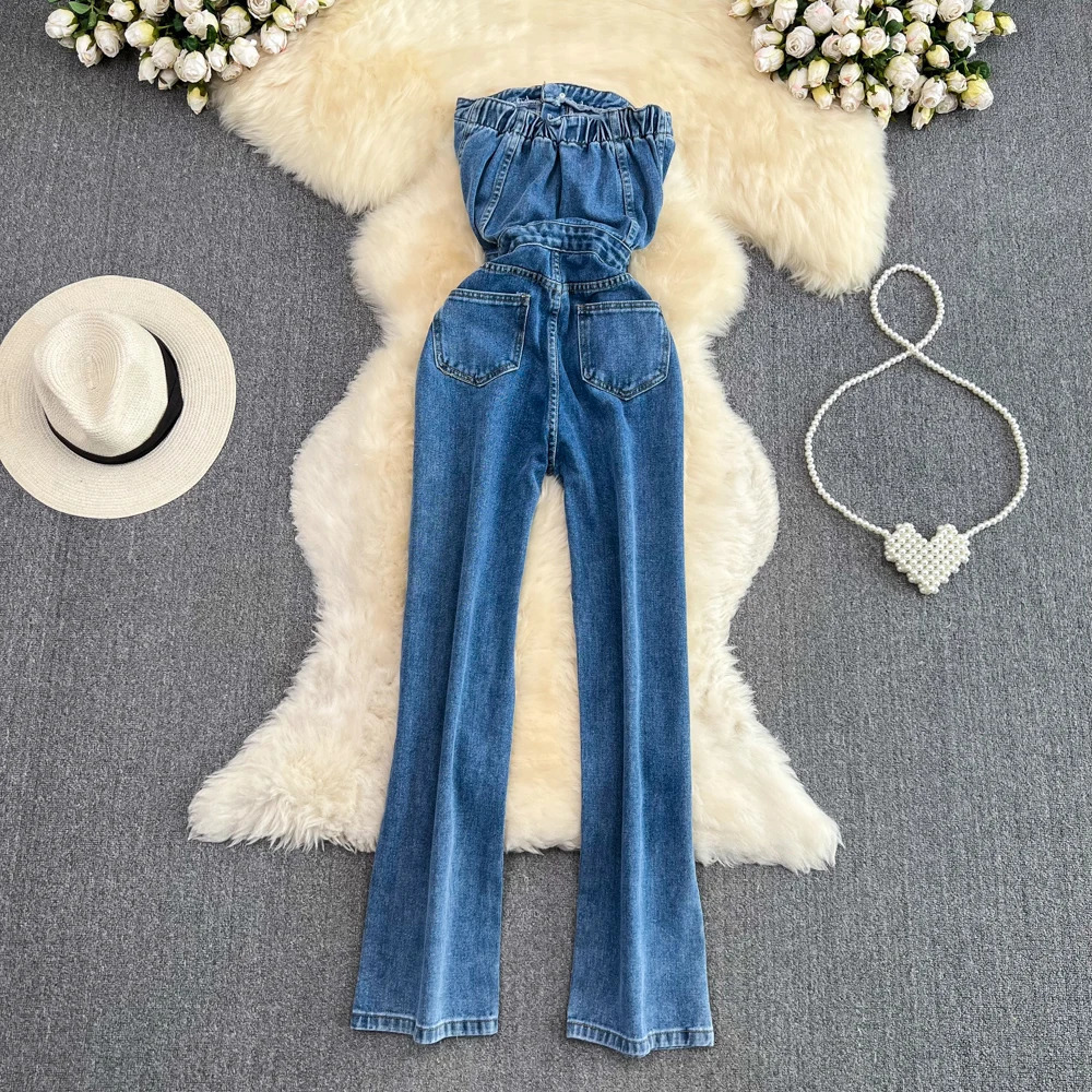 Sexy Female Strapless Denim Jumpsuits Chic Single Breasted Backless High Waist Slim Straight Jeans Casual Women Jumpsuits 231227