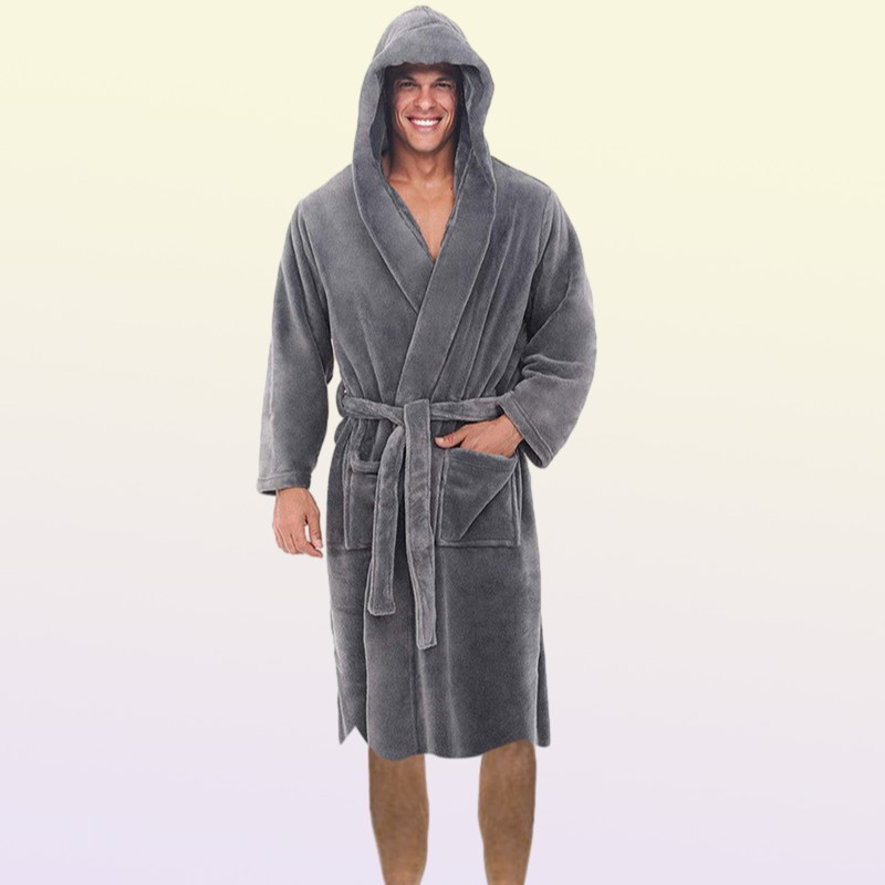 Mens Robes Men Casual Bathrobe Autumn Winter Solid Hooded Towel Soft Gown Midi Robe Nightgown Male Loose Home Wear 220826