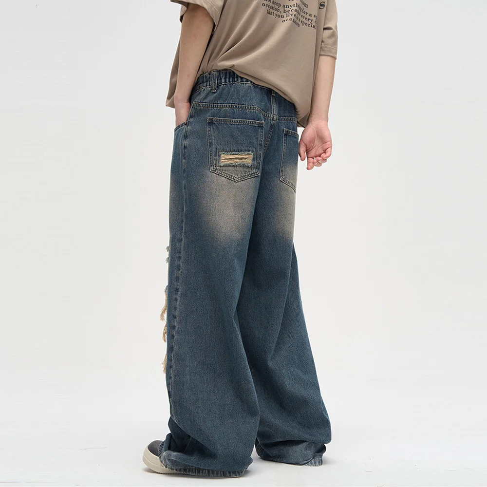 Men's Ripped Black Jeans Harajuku Wide Leg Pants Denim Baggy Y2K Cargo Streetwear Koean Style Clothes Gothic 231227