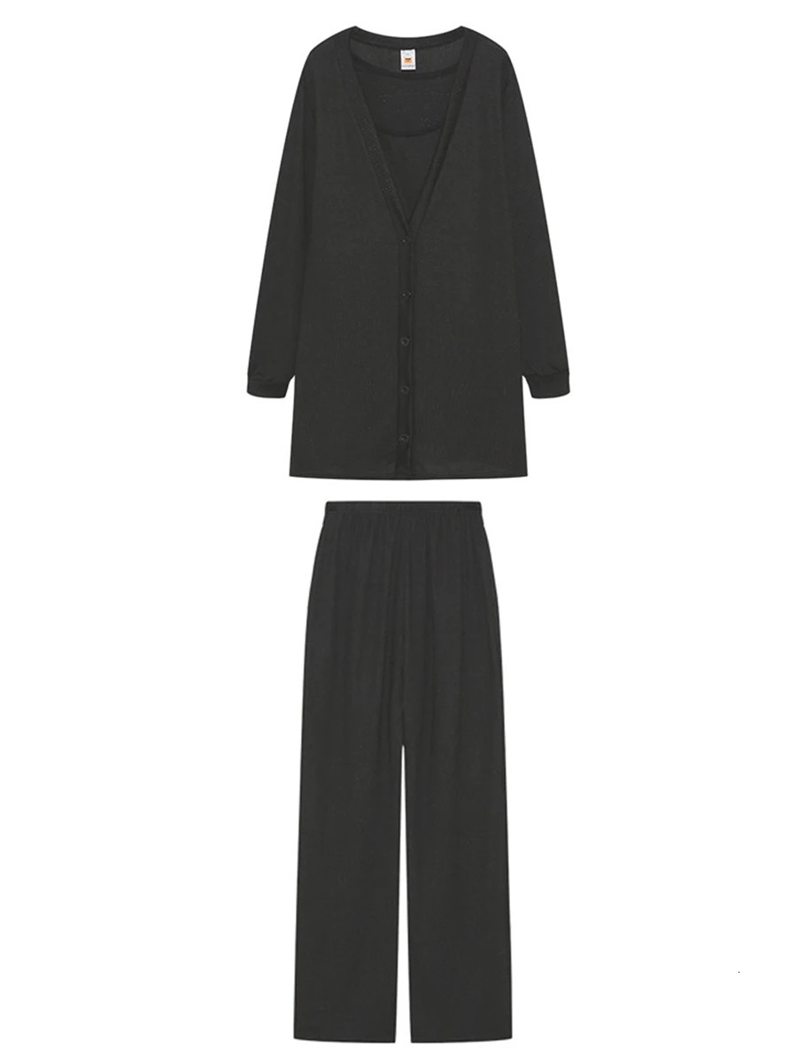 Scriardv Women Autumn Loose Three Piece Outfits Fitted Cami Tops Long Pants V Neck Button Cardigan Loungewear Sets Black M 231227