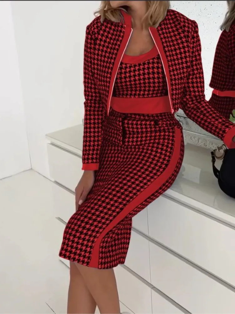 Spring Autumn Jacket Camis Dress Set Office Lady Long Sleeve Outerwear Print Three Piece Women Outfit 2023 231228