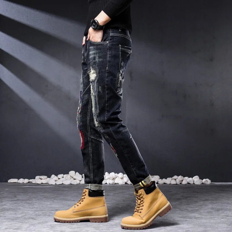 2023 Fashion Biker Jeans Men's Distressed Stretch Ripped Hip Hop Slim Fit Holes Punk Denim Cotton High Qual Pants 231227
