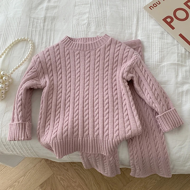 Autumn Spring Korean Style Kids Knitted Clothing Set Long Sleeved Solid Color Pullover Pants Baby Girl Clothes Suit 231228