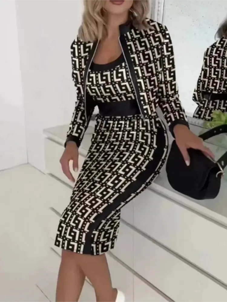 Spring Autumn Jacket Camis Dress Set Office Lady Long Sleeve Outerwear Print Three Piece Women Outfit 2023 231228
