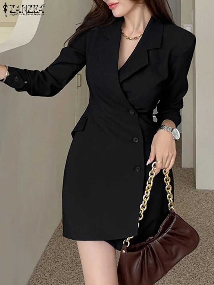 ZANZEA Casual Lapel Pleats Short Robe Women Blazer Dress Fashion Solid Color Mini Dresses 2023 Autumn Long Sleeve Office Vestido 231228