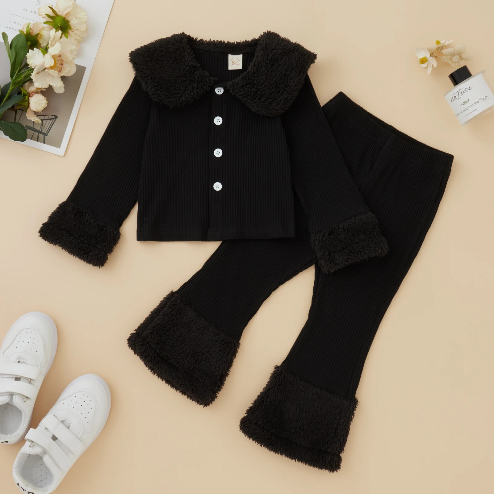 Toddler Baby Girls Knitted Tracksuits Casual Autumn Winter Lapel Button Long Sleeved Jacket Pants Children Plush Outwear Set 231228