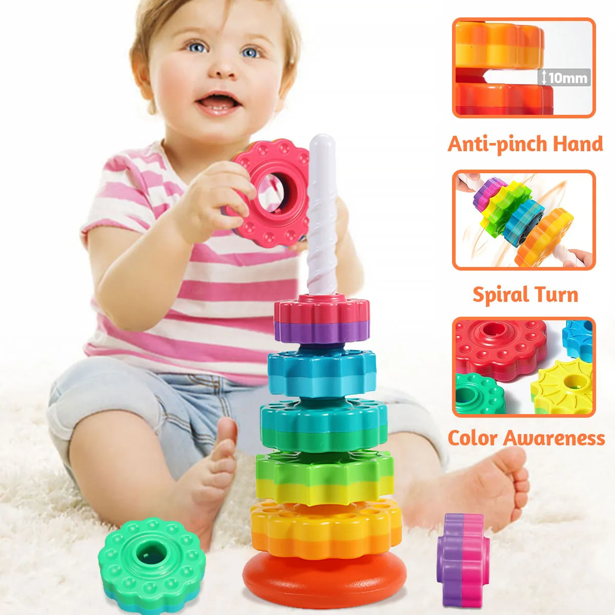 Montessori Rotating Rainbow Tower Baby Stacking Puzzle Toys Safety and Environmental Protection Colored Children s 231228
