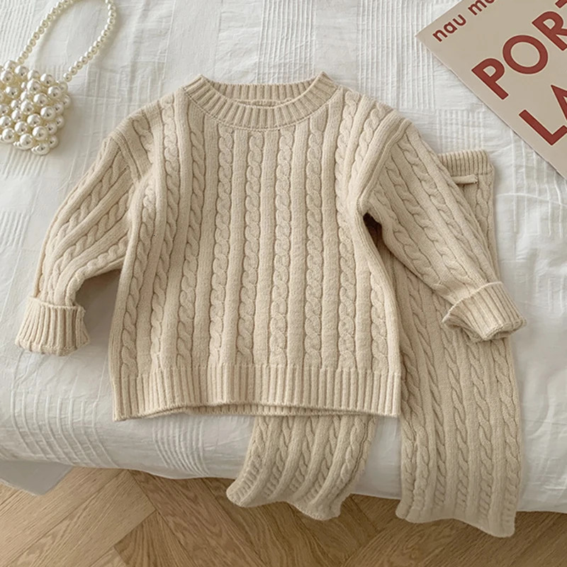 Autumn Spring Korean Style Kids Knitted Clothing Set Long Sleeved Solid Color Pullover Pants Baby Girl Clothes Suit 231228