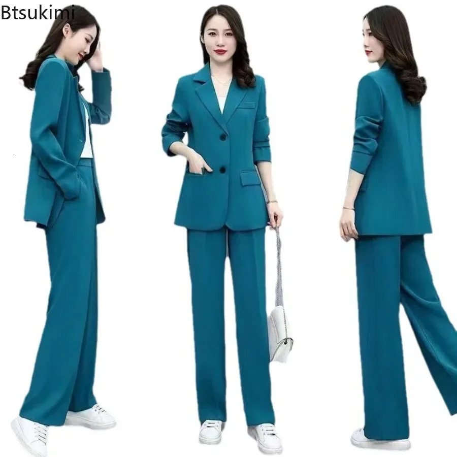 2024 Women's Formal Office Pants Sets 2PCS Solid Single Breasted Pocket Blazer Jacket and Elegant Ladies' Suit 231227