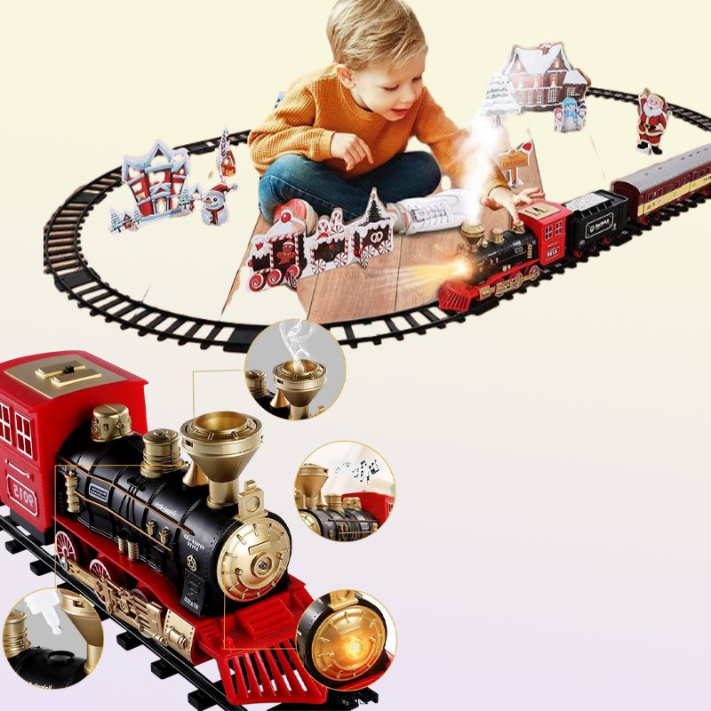 Engine Cargo Car and Long Tracks Electric Track Toy Train Set with Steam Locomotive Battery Operated Play Toys with Smoke Light So