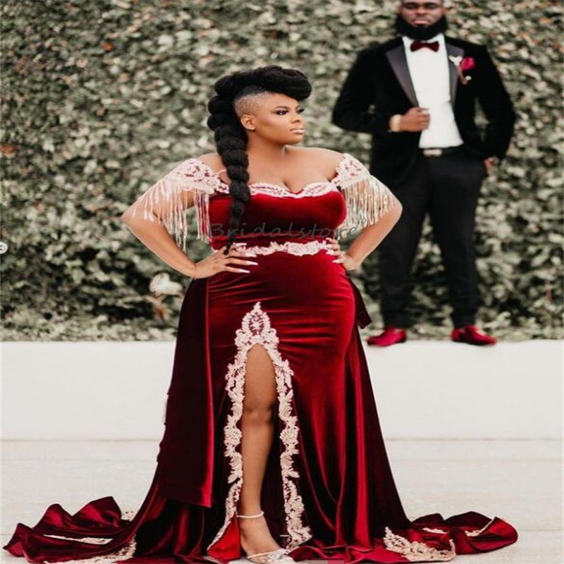 Velvet Moroccan Kaftan Prom Dress With Slit For Black Girls Abaya Turkish Plus Size Evening Dress With Tassel Beaded Lace Formal Party Obese Women 202