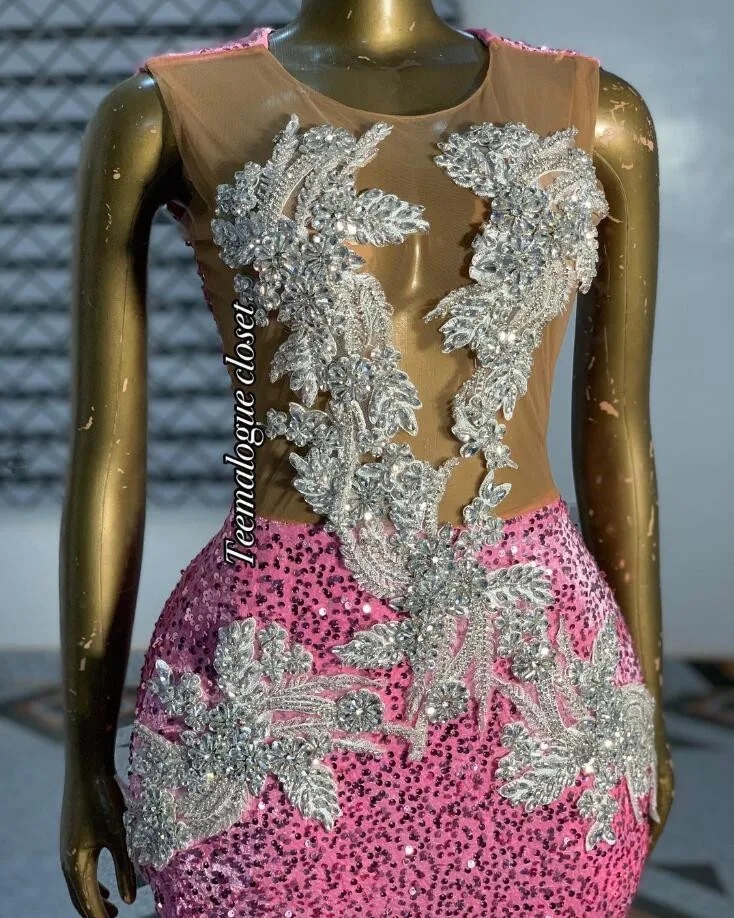Pink Long Veet Evening Formal Dress For Women Sparkly Dia Beaded Sheer Mesh Black Girl Prom Gala Gown Lz0304
