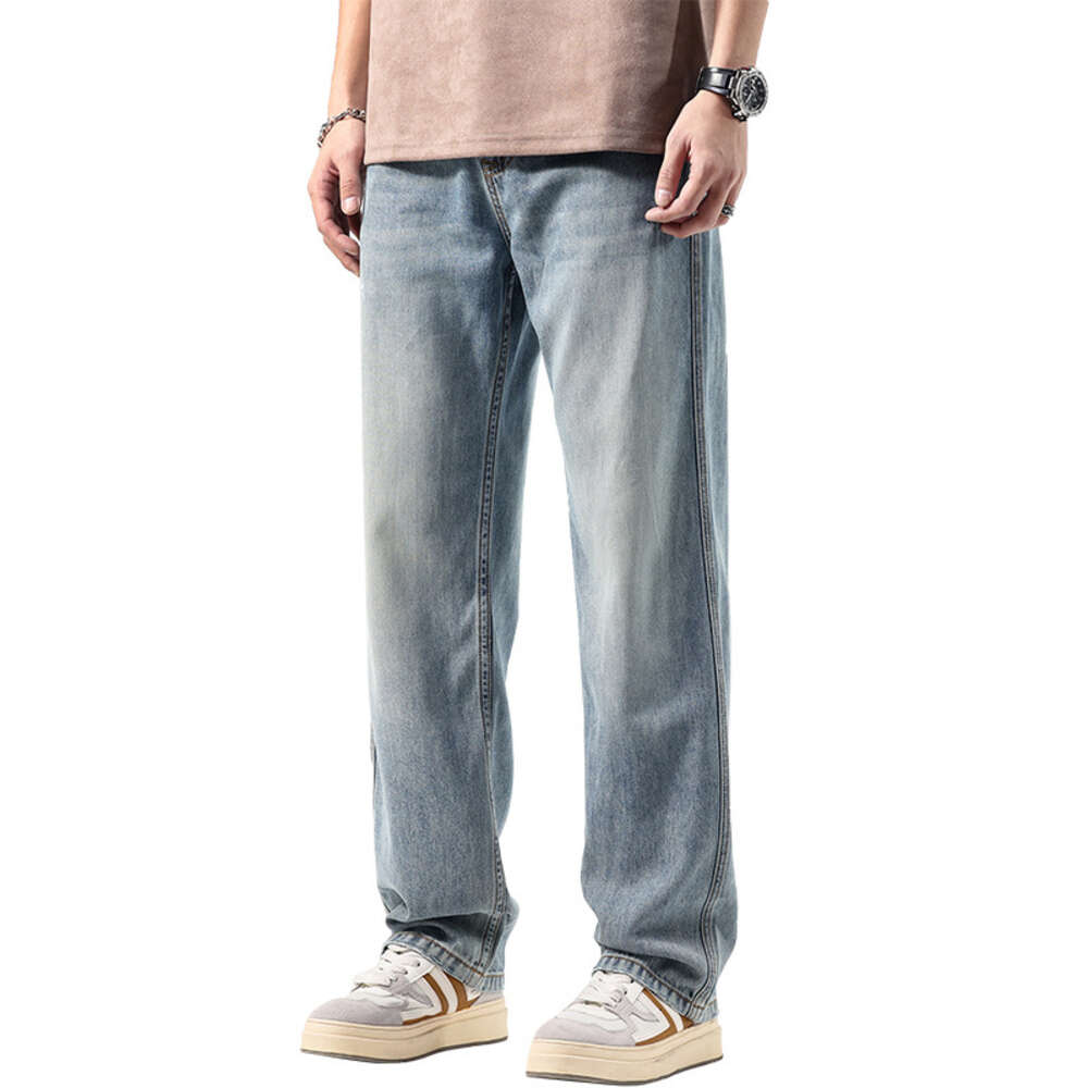 Elastic Loose Straight Jeans Men's Wide Legged Denim Pants Large Size Casual Trousers Korean Style Sportswear Brand Clothing