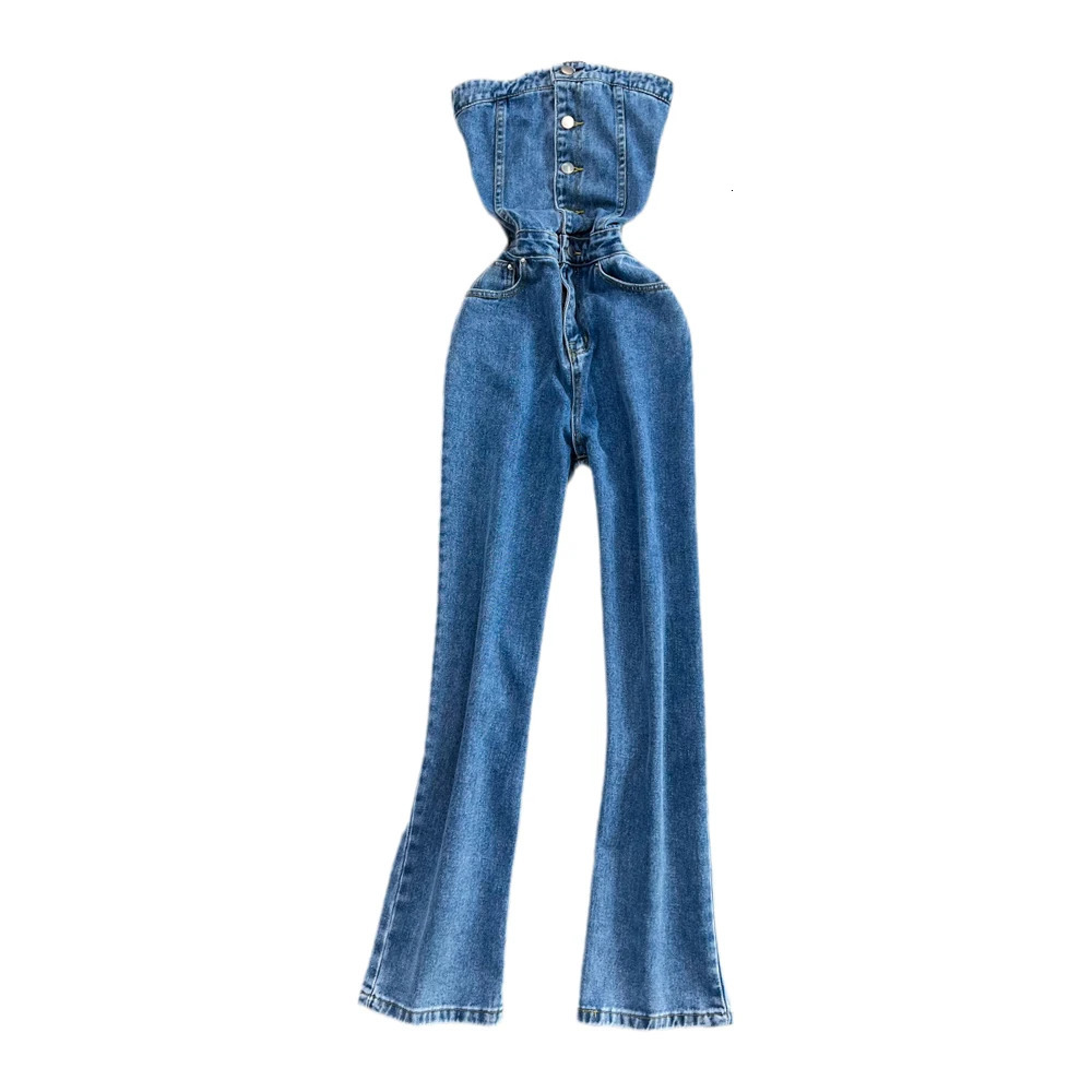 Sexy Female Strapless Denim Jumpsuits Chic Single Breasted Backless High Waist Slim Straight Jeans Casual Women Jumpsuits 231227