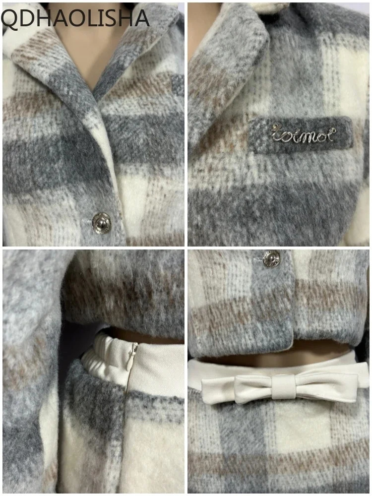 Sets for Women 2 Pieces Autumer Grey Plaid Woolen Lapel Collar Long Sleeve Half Skirt Set Elegant Sweet Temperament Casual Suit 231228