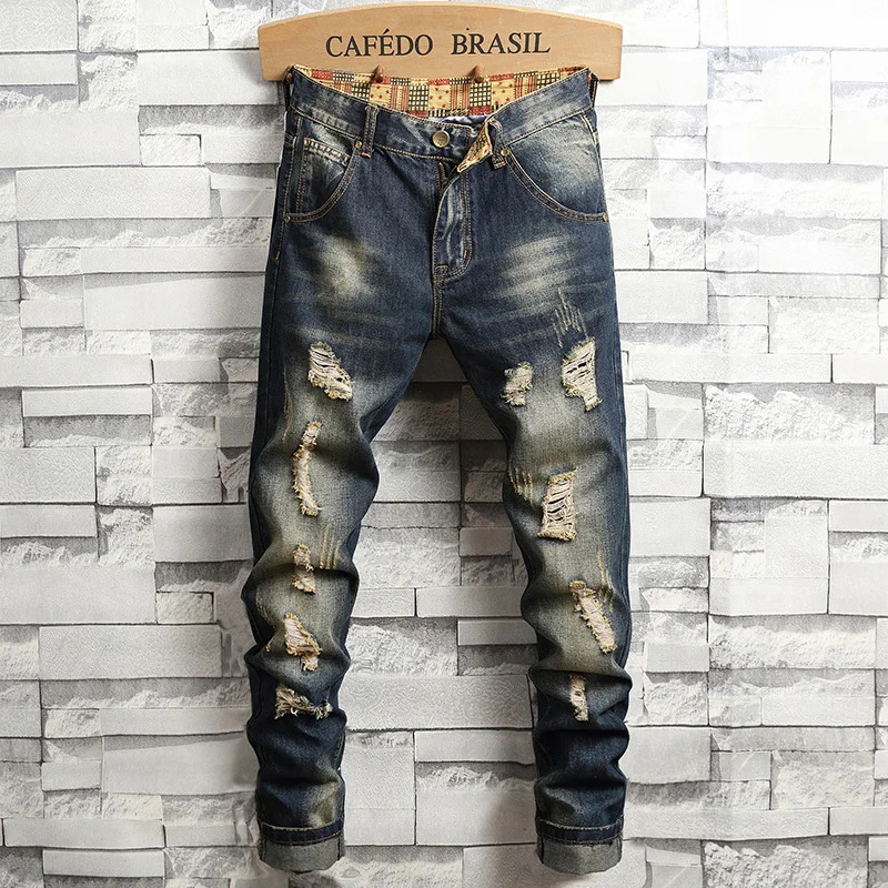 2024 Spring Distressed Ripped Jeans Men's Hiphop High Street Korean Fashion Slim Stretch Hole Denim Trousers 231227