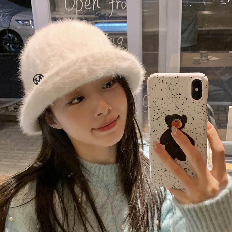 Korean Fashion Rabbit Fur Bucket Hat Autumn Winter Female Actress Elegant Round Top Plush Fisherman Hat Warm Sweet Fedora Hat 231228