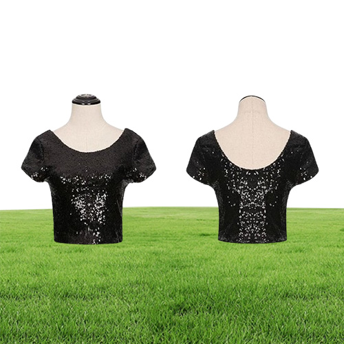 Sparkling Sequins Crop Top for Women Scoop Neck Short Sleeve T Shirts Slim Fit Short Tees Sexy Night Out Clothing