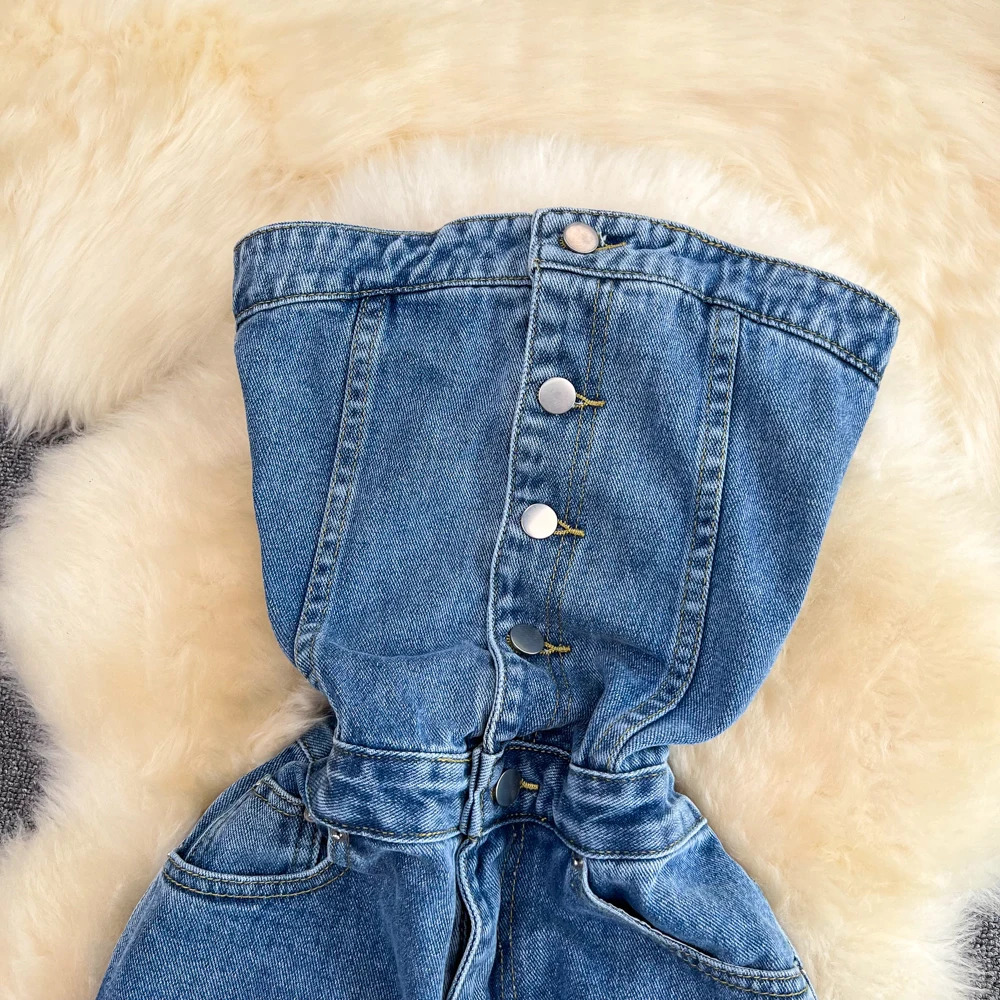 Sexy Female Strapless Denim Jumpsuits Chic Single Breasted Backless High Waist Slim Straight Jeans Casual Women Jumpsuits 231227
