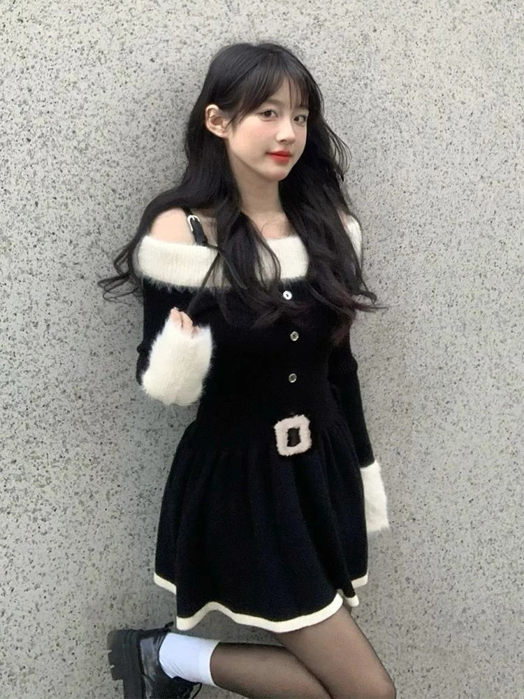 Autumn Elegant Knitted Short Party Dress Women Casual Long Sleeve Sweet Slim Black Mini Dress Dress Korean 231228
