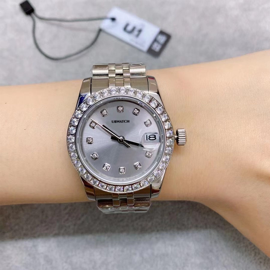 Luxurious 31MM Automatic Movement ST9 Womens Watches Diamond Bezel and Hour Markers Ladies Wristwatches With Cyclops Date Window and Jubilee Bracelet