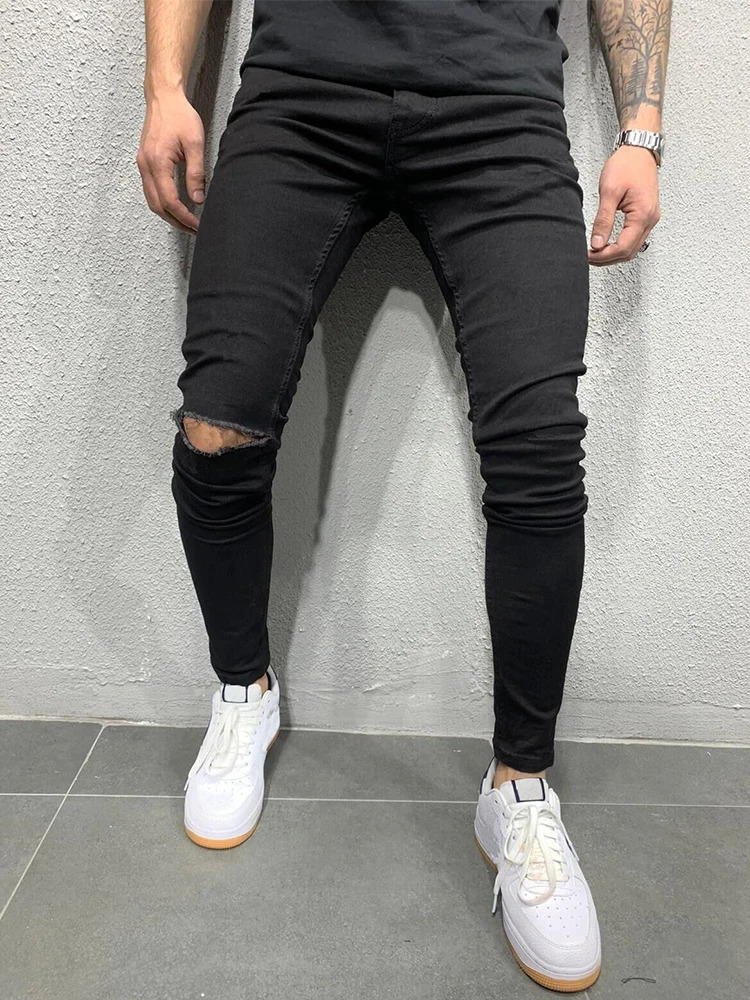 Distressed Knee Holes Elastic Skinny Jeans Men Ripped Biker Denim Pants Solid Washed Streetwear Black Pantalones Hombre Joggers 231227