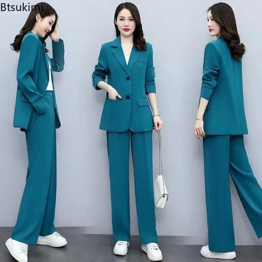 2024 Women's Formal Office Pants Sets 2PCS Solid Single Breasted Pocket Blazer Jacket and Elegant Ladies' Suit 231227