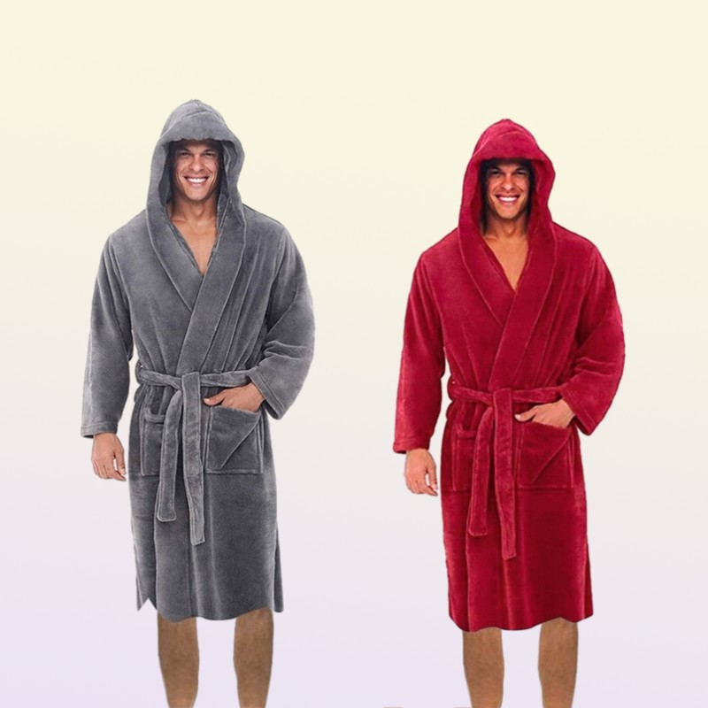 Mens Robes Men Casual Bathrobe Autumn Winter Solid Hooded Towel Soft Gown Midi Robe Nightgown Male Loose Home Wear 220826